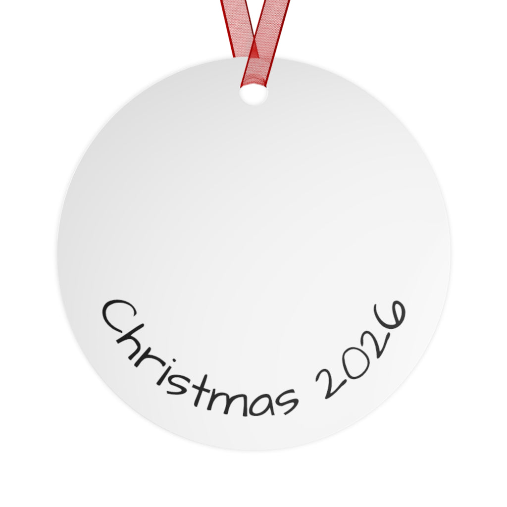 A round white Christmas ornament with the text 'Christmas 2026' written in black script, hanging from a red ribbon loop on a white background.