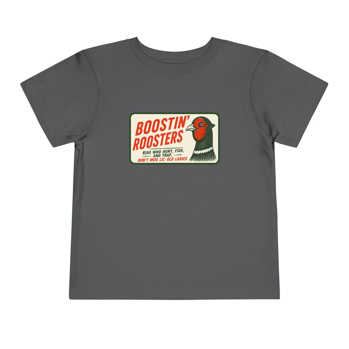 A dark grey short-sleeve t-shirt with a vintage-style graphic on the chest reading 'BOOSTIN' ROOSTERS' in red and black text with a rooster illustration.