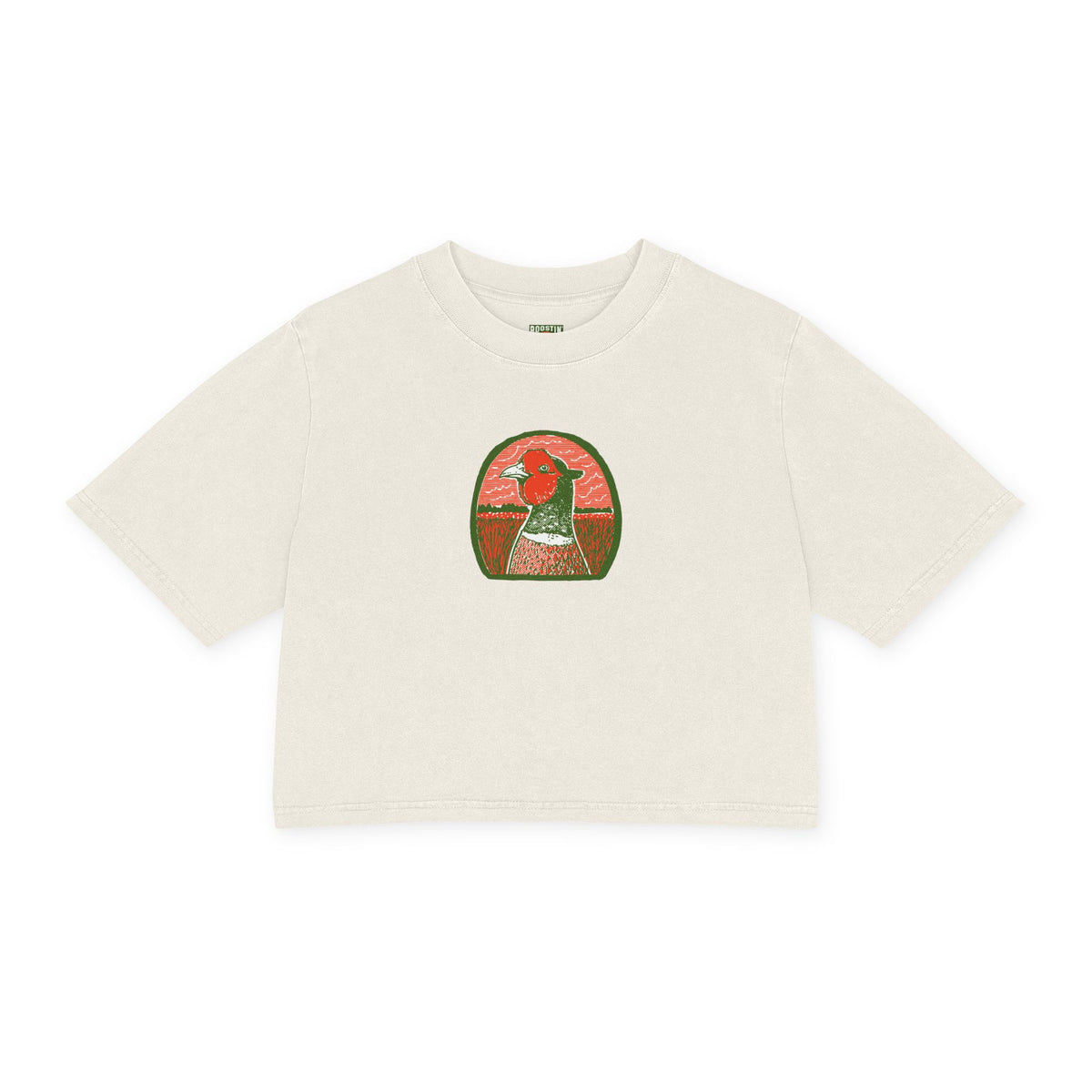 An off-white cropped short-sleeve t-shirt with a central graphic print of a green and red pheasant head inside an arch, displayed on a clean white background.
