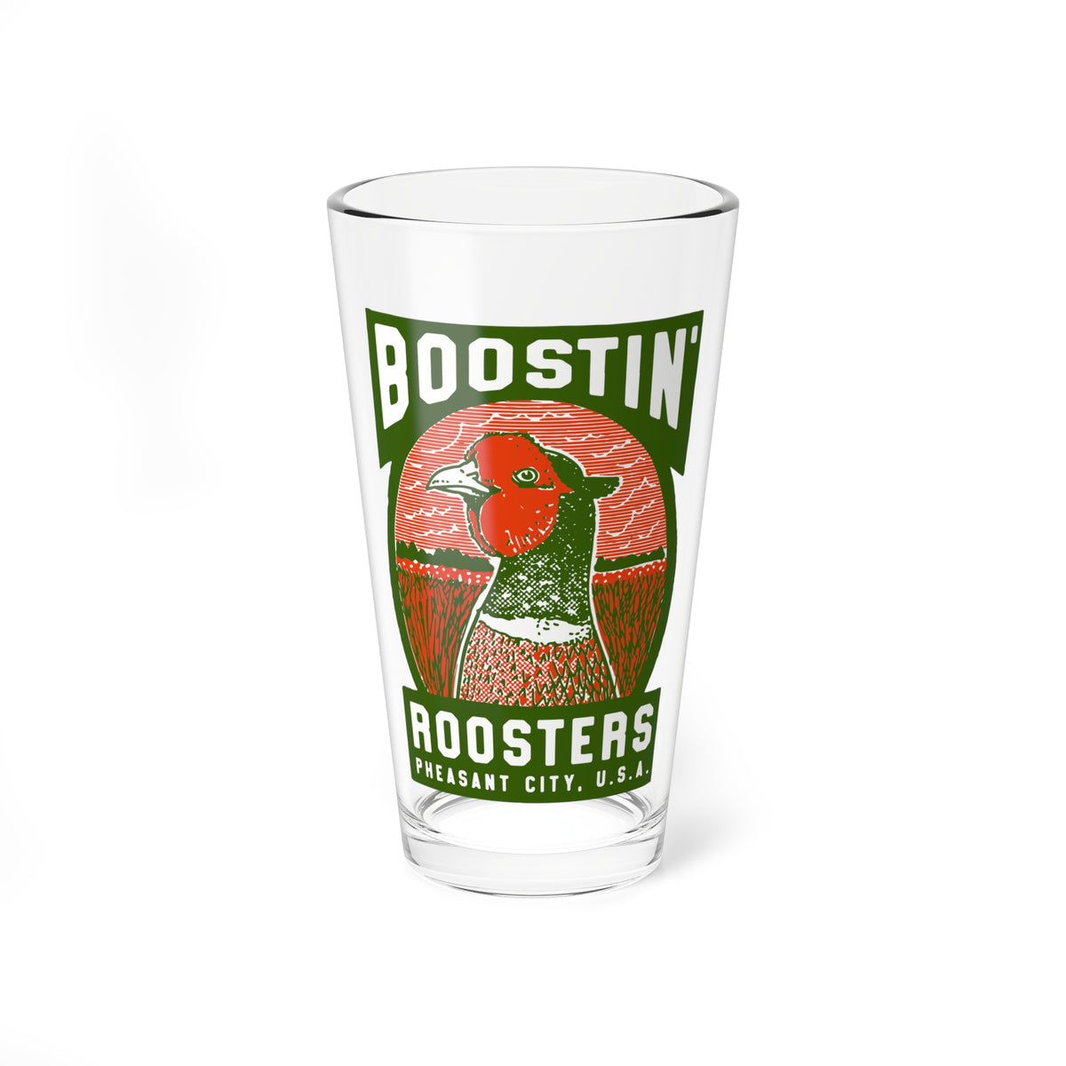 A clear pint glass featuring a vintage-style graphic with the words 'BOOSTIN' ROOSTERS' and 'PHEASANT CITY, U.S.
