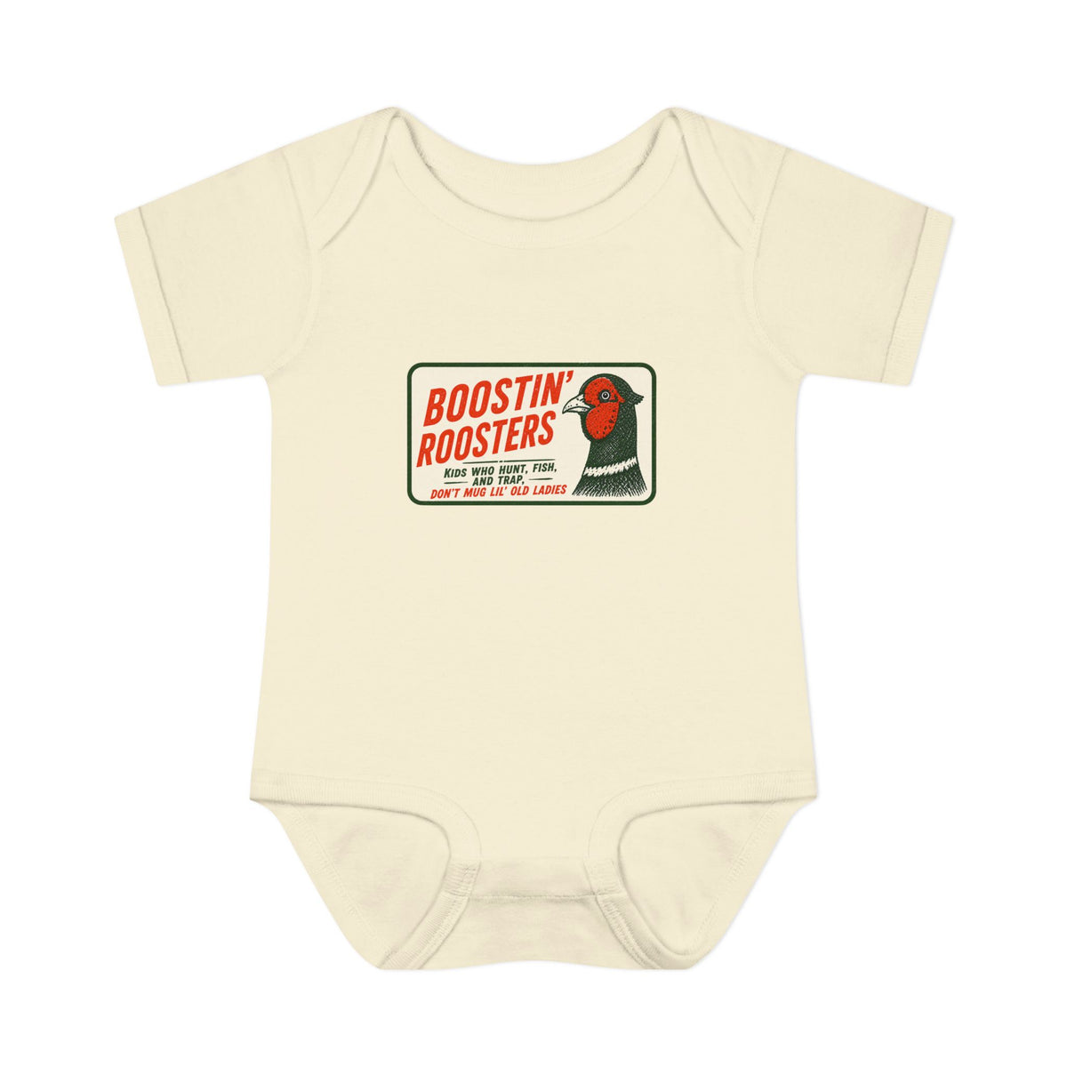 A cream-colored short-sleeve baby bodysuit featuring a vintage-style 'Boostin' Roosters' graphic on the chest, displayed against a solid white background.
