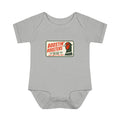A light heather gray baby bodysuit featuring a vintage-style 'Boostin' Roosters' graphic on the chest, displayed against a solid white background.