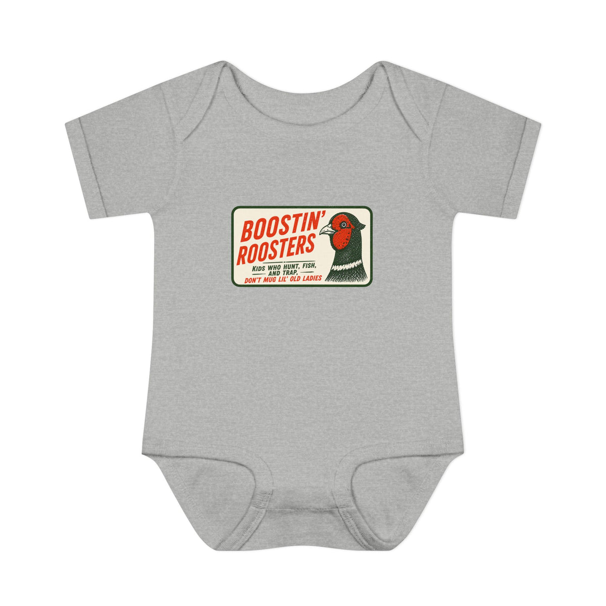 A light heather gray baby bodysuit featuring a vintage-style 'Boostin' Roosters' graphic on the chest, displayed against a solid white background.