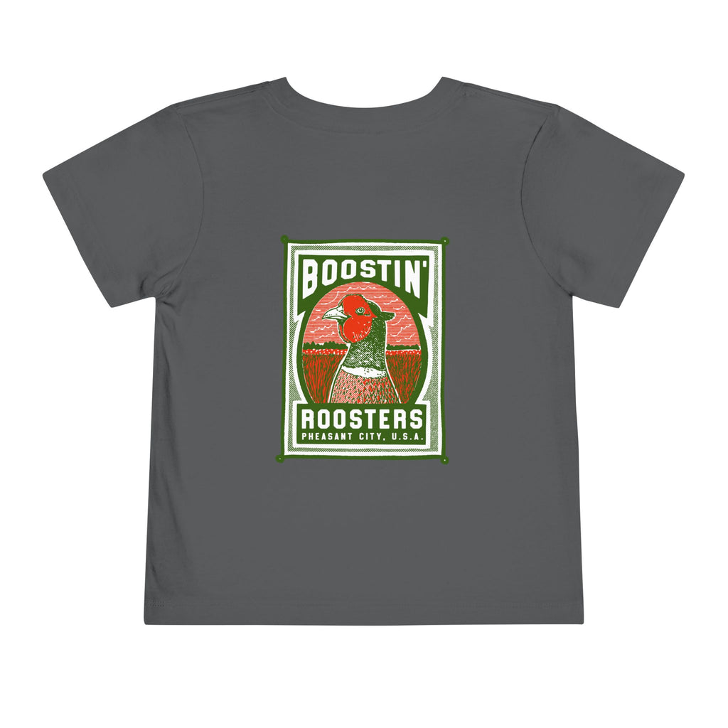 A dark grey short-sleeve crewneck t-shirt with a Boostin' Roosters graphic print on the left chest.