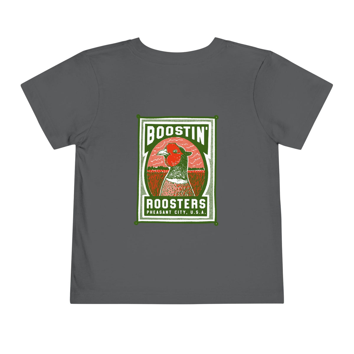 A dark grey short-sleeve crewneck t-shirt with a Boostin' Roosters graphic print on the left chest.