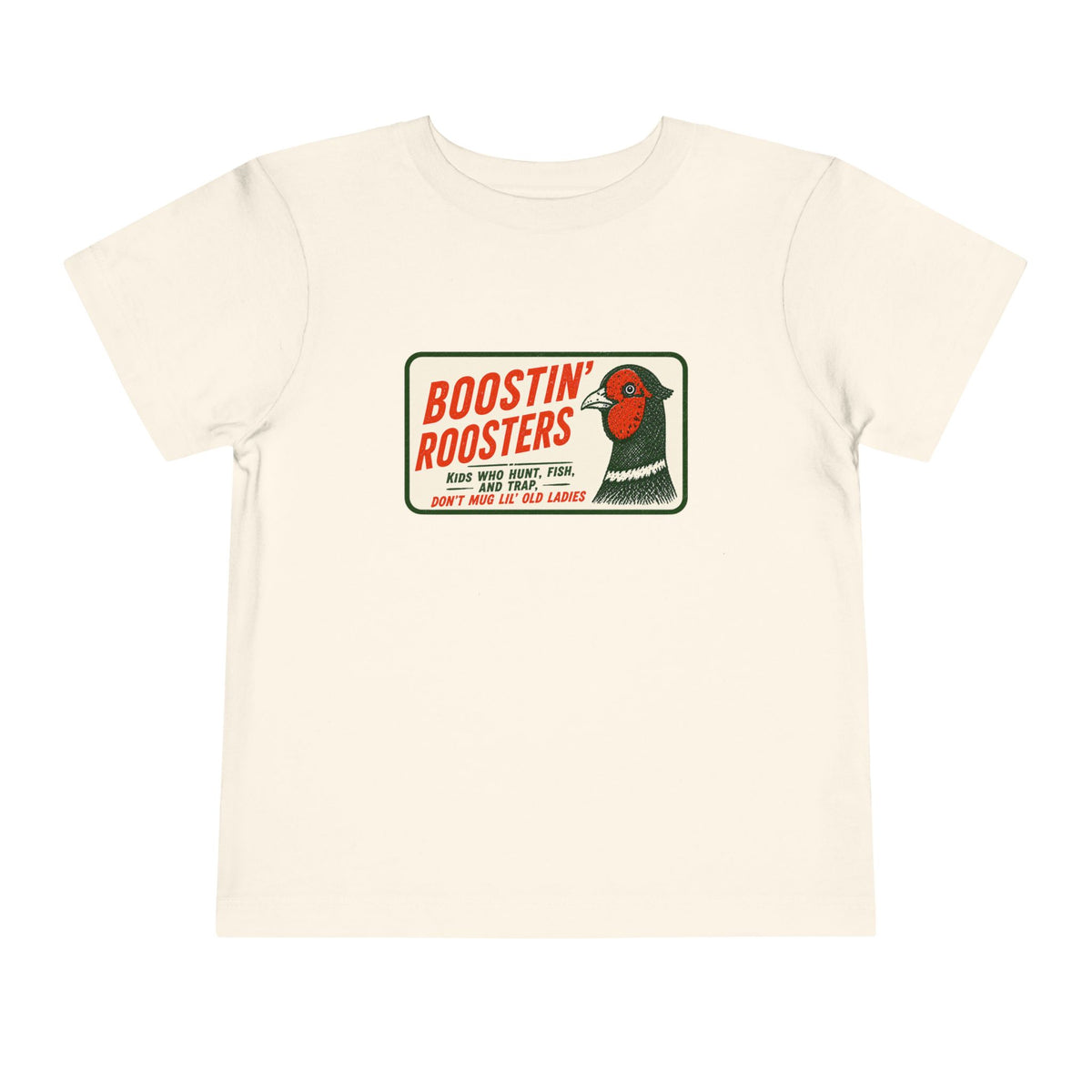 An off-white short-sleeve t-shirt with a vintage-style graphic on the chest reading 'BOOSTIN' ROOSTERS' in red and green, featuring a rooster illustration.
