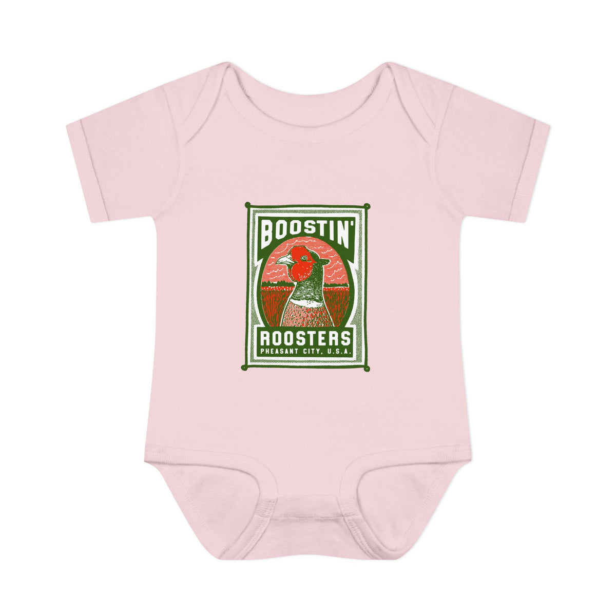 A light pink short-sleeve baby bodysuit featuring a vintage-style graphic print on the chest with a rooster and the text 'BOOSTIN' ROOSTERS'.