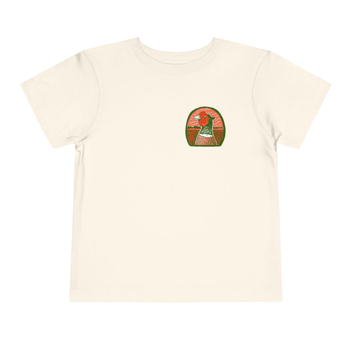 A natural short-sleeve crewneck t-shirt with a Boostin' Roosters graphic print on the left chest.