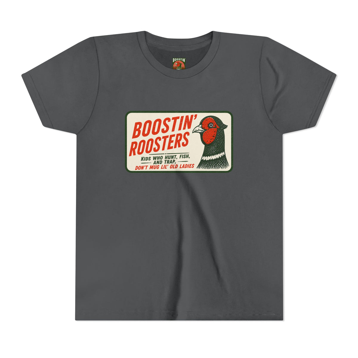 A dark gray crewneck t-shirt featuring a vintage-style graphic print of a pheasant bird and the text 'BOOSTIN' ROOSTERS' in red and black on a cream background.