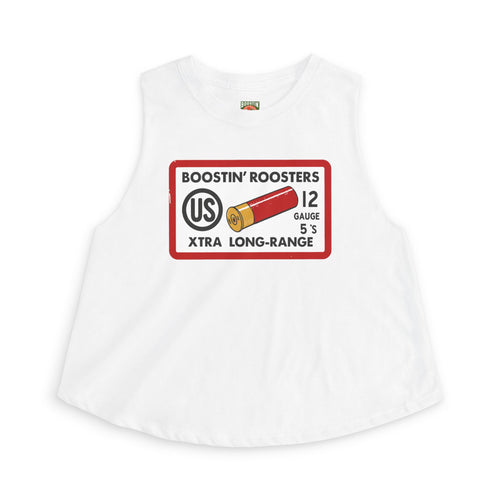 A white sleeveless tank top featuring a red and black graphic print that reads 'BOOSTIN' ROOSTERS 12 GAUGE 5'S XTRA LONG-RANGE' with a shotgun shell illustration.