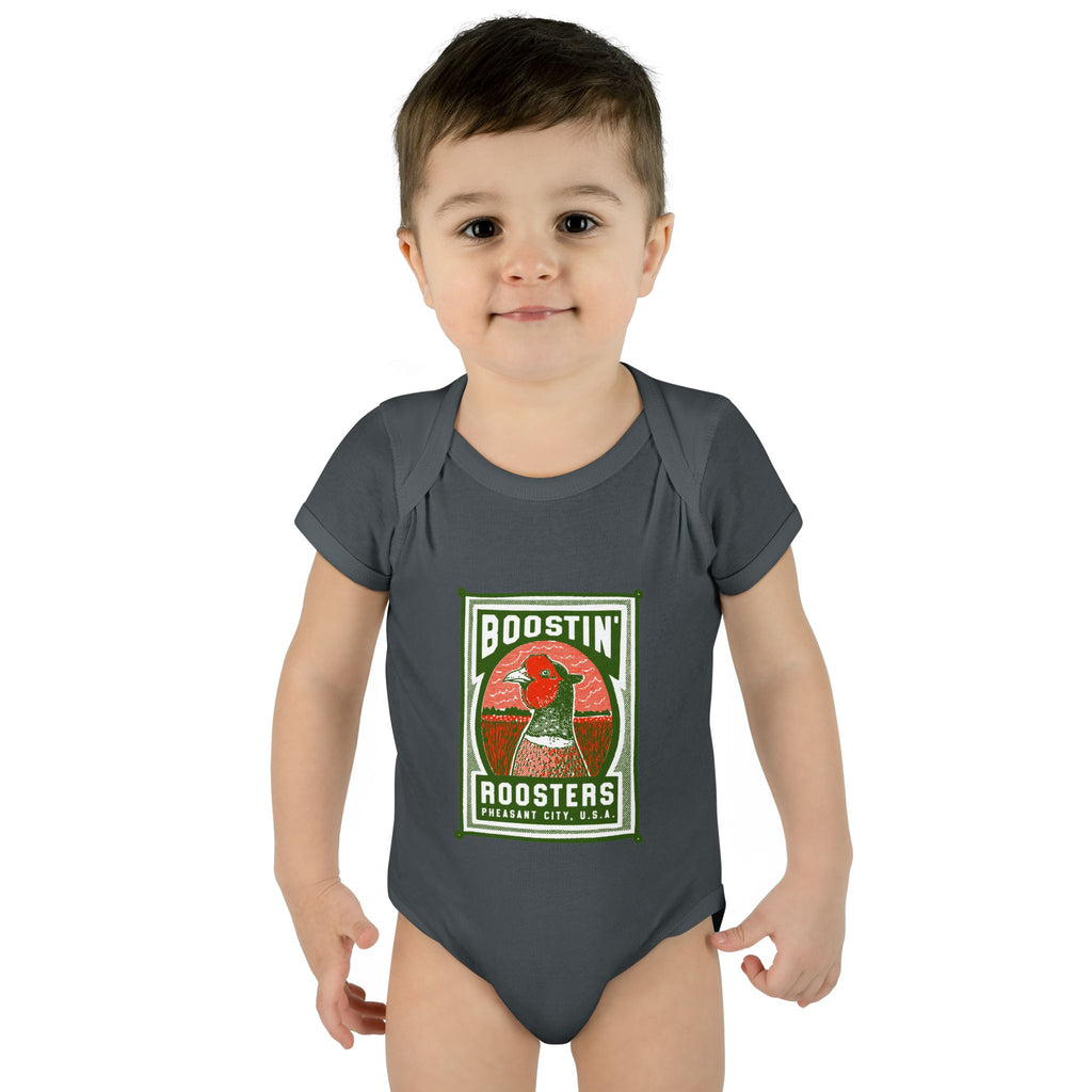 Child wearing a gray onesie with 'Boostin' Roosters'' text.