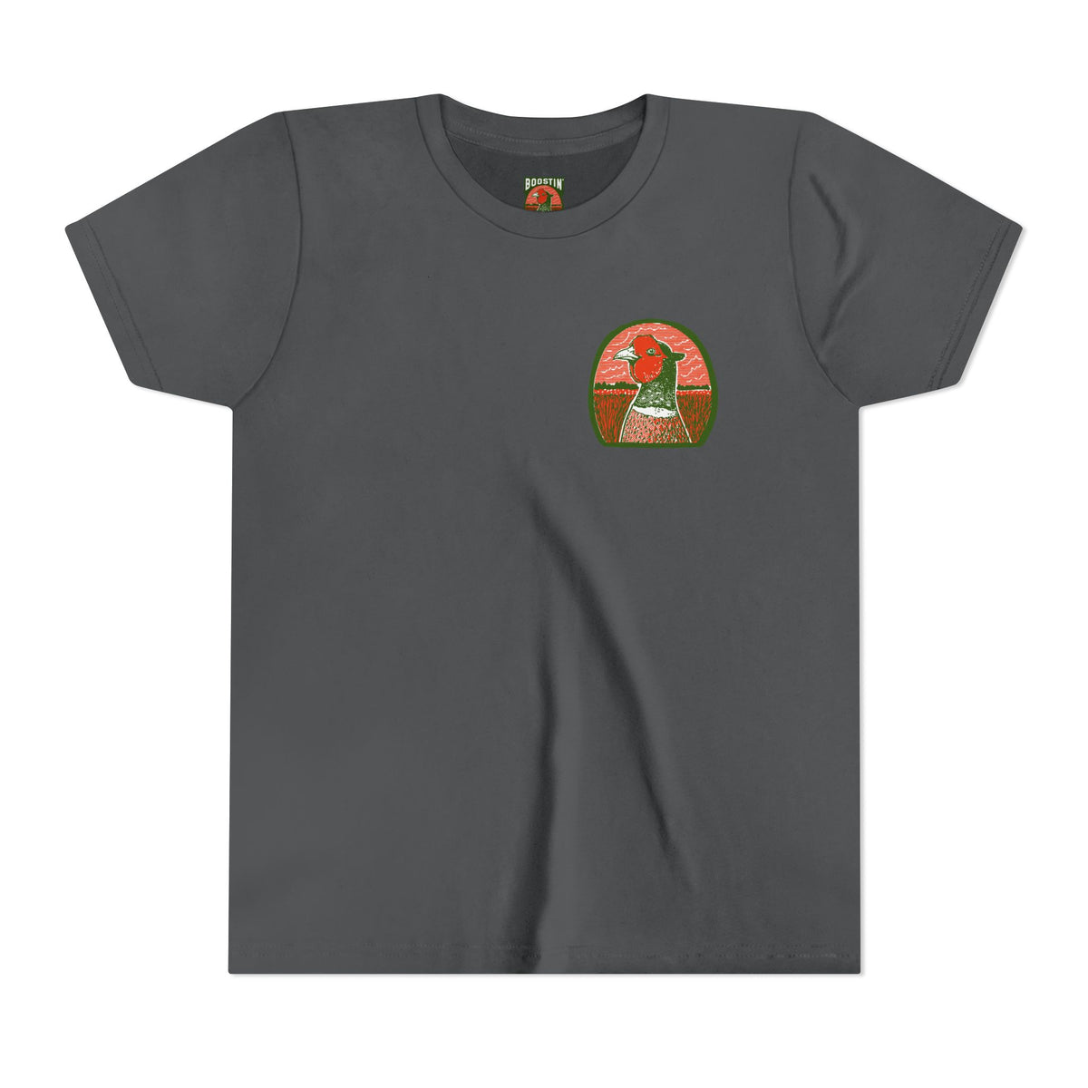 A dark gray short-sleeve crewneck t-shirt featuring a small pheasant head graphic on the left chest.