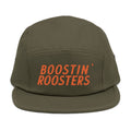 An olive green 5-panel camp cap with 'BOOSTIN' ROOSTERS' embroidered in orange on the front, shown against a plain white background.