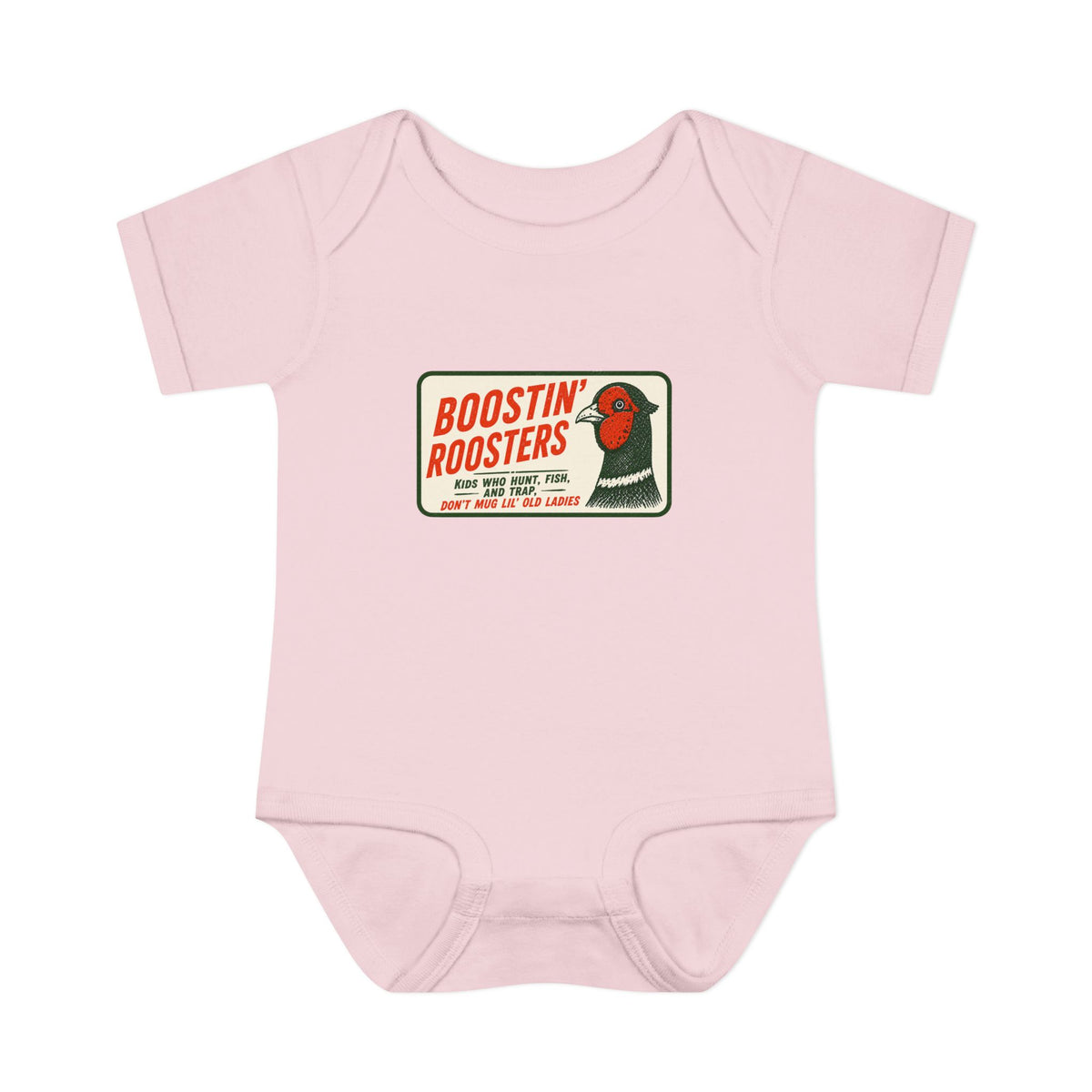 A light pink short-sleeve baby bodysuit featuring a vintage-style 'Boostin' Roosters' graphic on the chest, displayed against a solid white background.