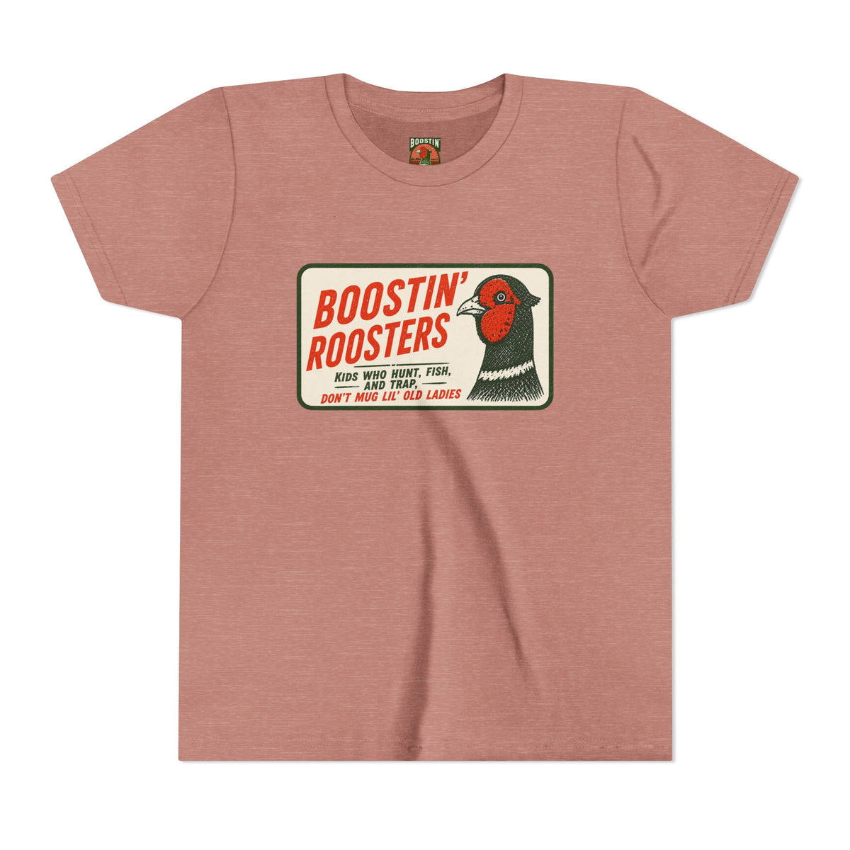 A heather mauve crewneck t-shirt featuring a vintage-style graphic print of a pheasant bird and the text 'BOOSTIN' ROOSTERS' in red and black on a cream background.