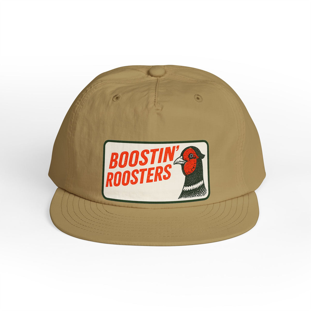 A tan baseball cap with a rectangular front patch reading 'BOOSTIN' ROOSTERS' in red text next to a rooster illustration, shown on a clean white background.