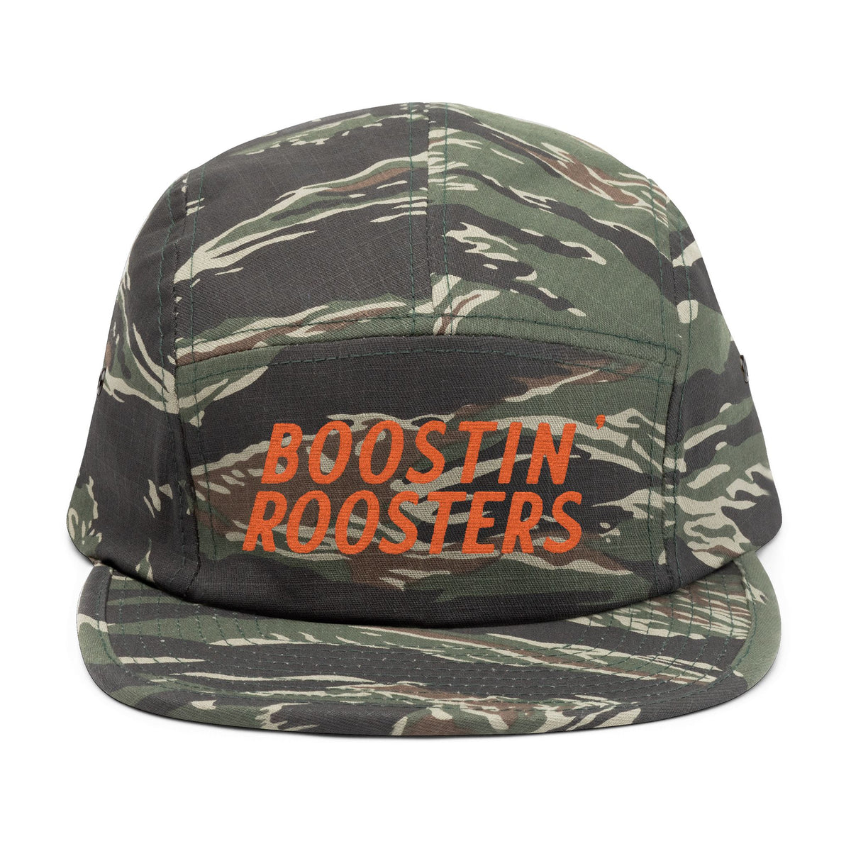Camouflage-patterned Boostin' Roosters cap on a white background