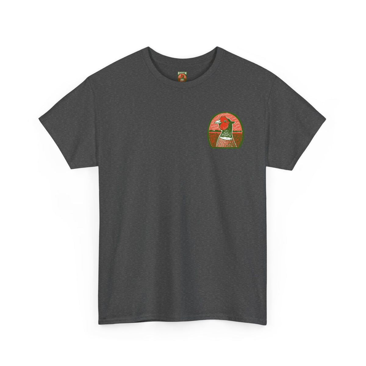 A dark heather gray short-sleeve crewneck t-shirt with a small circular graphic on the left chest depicting a pheasant head.