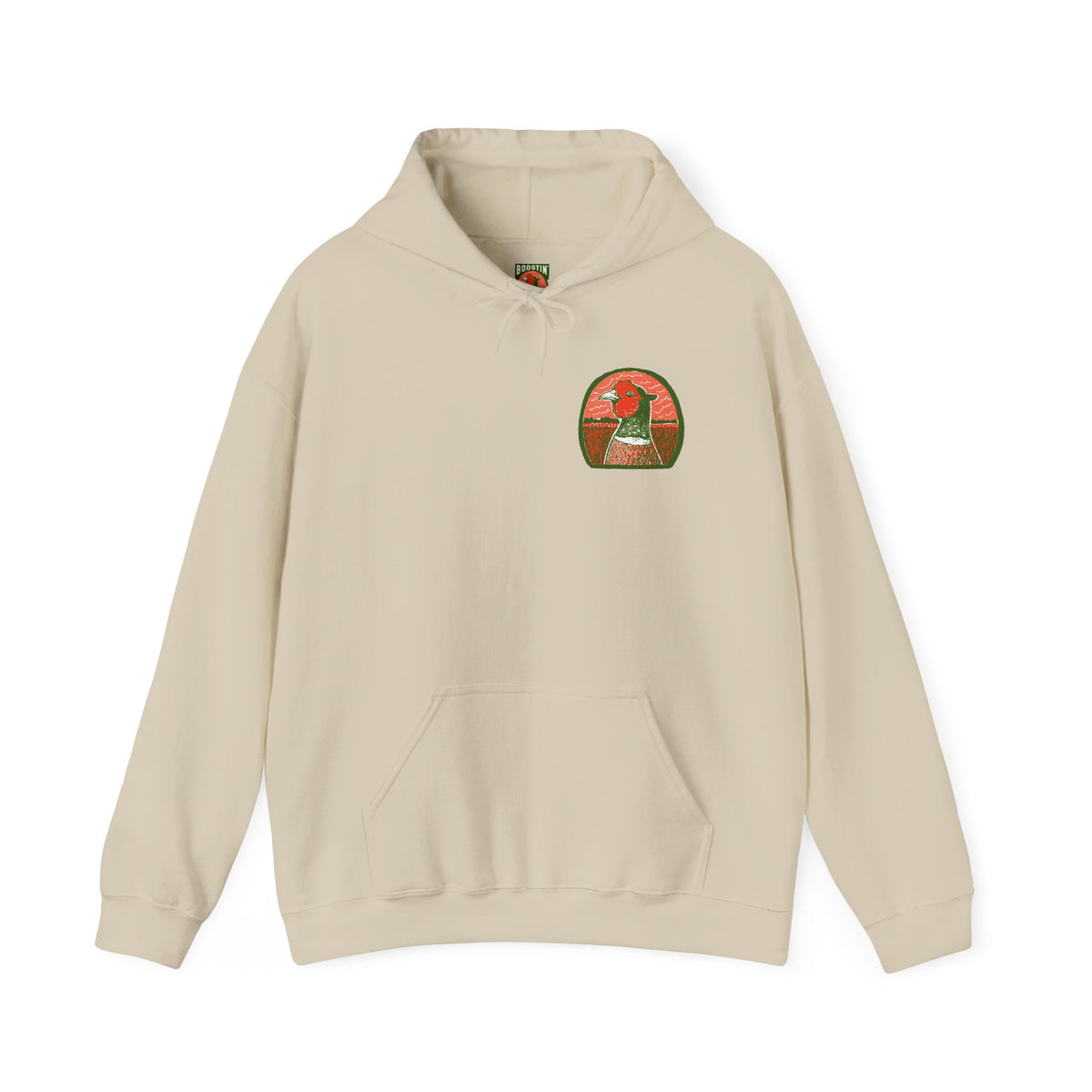 A beige pullover hoodie with a small circular graphic on the left chest showing a red and green pheasant head.