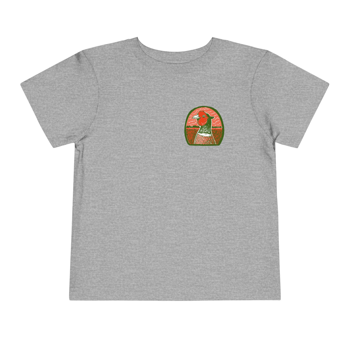 A light grey short-sleeve crewneck t-shirt with a Boostin' Roosters graphic print on the left chest.