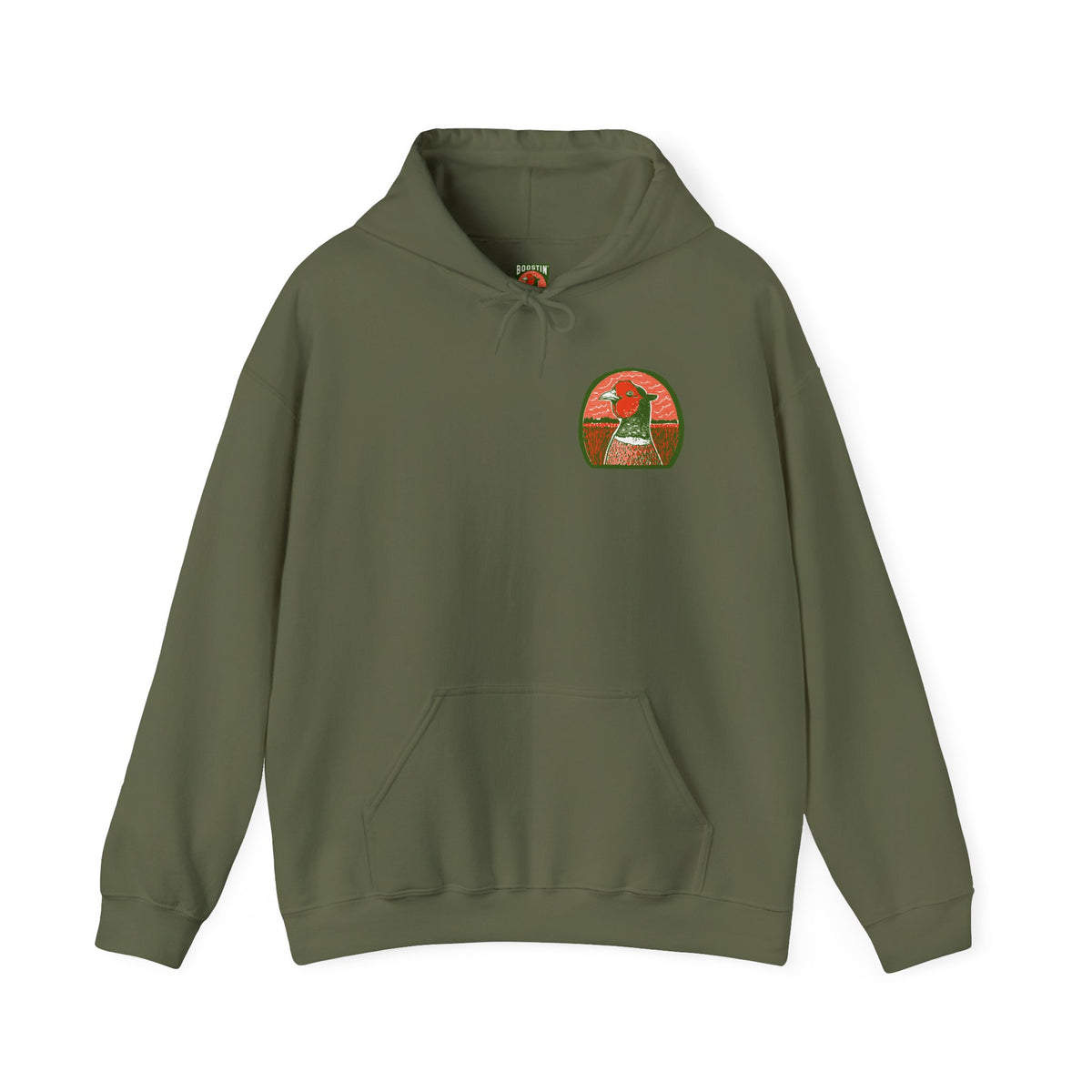 Green hoodie with a colorful graphic of a pheasant head on the left chest on a white background