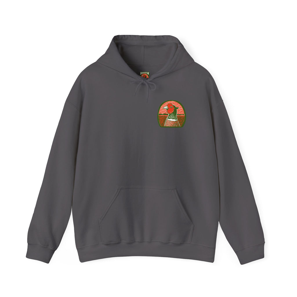 Charcoal hoodie with a pheasant head logo on the chest against a white background