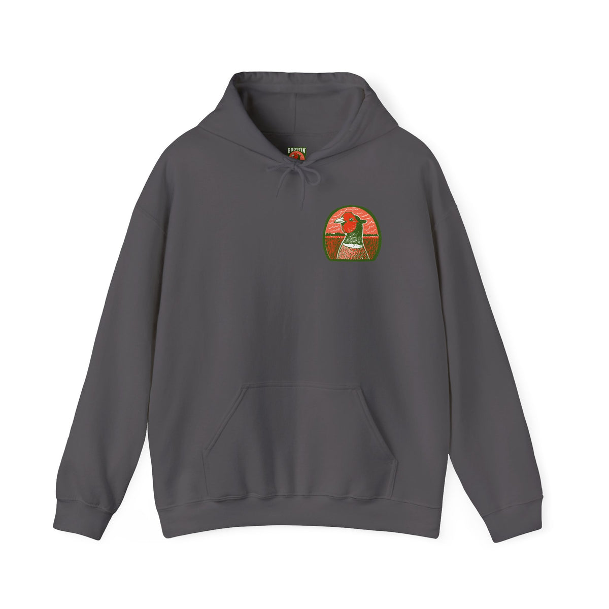 Charcoal hoodie with a pheasant head logo on the chest against a white background