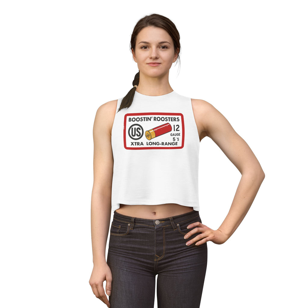 Woman wearing a white sleeveless shirt with text and graphics on a white background