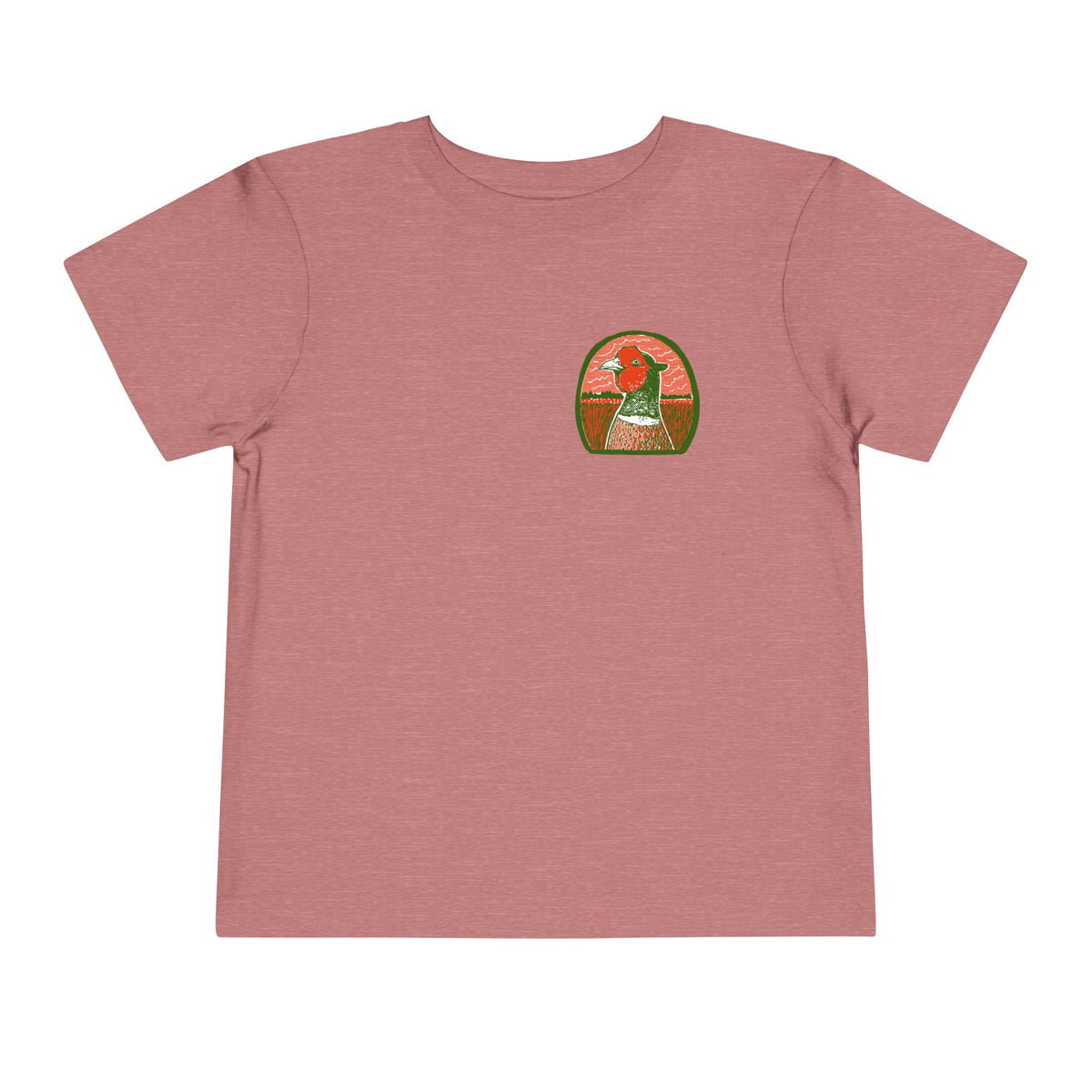 A mauve short-sleeve crewneck t-shirt with a Boostin' Roosters graphic print on the left chest.