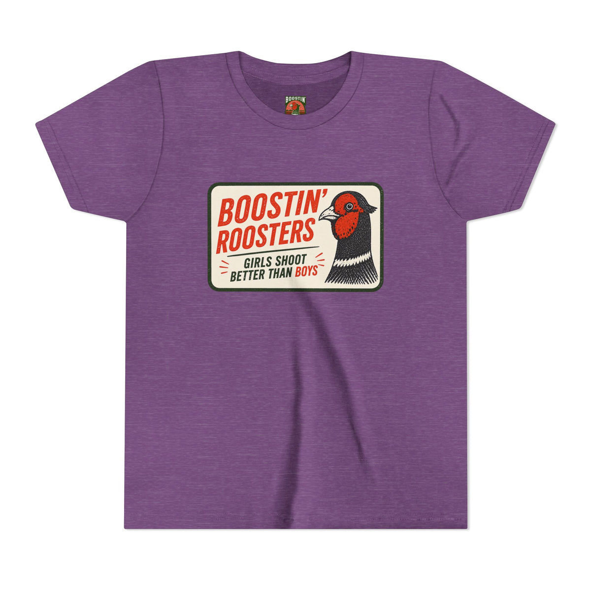 A heather purple short-sleeve t-shirt with a vintage-style graphic on the chest featuring a rooster and the text 'BOOSTIN' ROOSTERS' and 'GIRLS SHOOT BETTER THAN BOYS'.