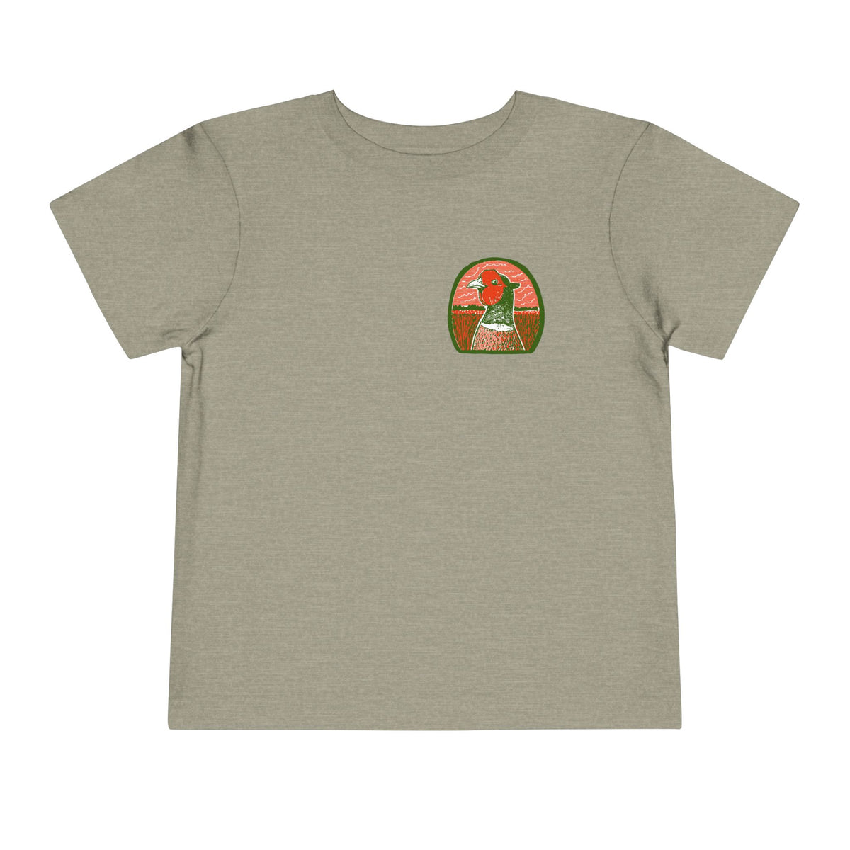 A heather stone short-sleeve crewneck t-shirt with a Boostin' Roosters graphic print on the left chest.