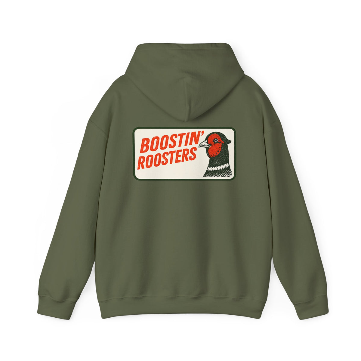 An olive green pullover hoodie shown from the back, featuring a large graphic print of a rooster and the text 'BOOSTIN' ROOSTERS' on a white background.