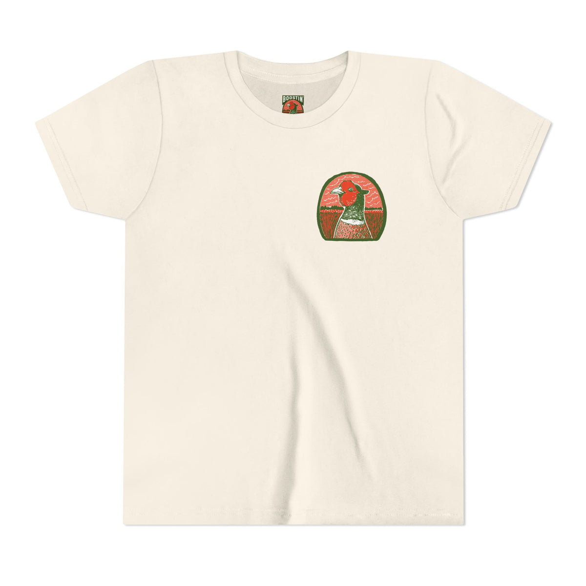 An off-white short-sleeve crewneck t-shirt featuring a small pheasant head graphic on the left chest.