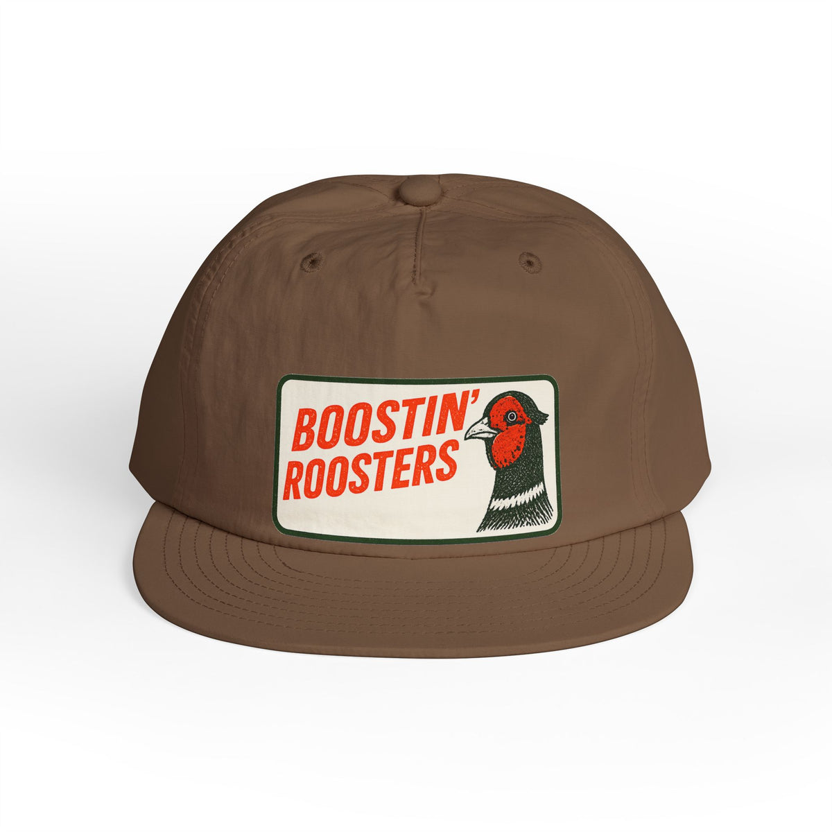 A brown baseball cap with a flat brim, featuring a rectangular front patch that reads 'BOOSTIN' ROOSTERS' in red text with a pheasant bird illustration.