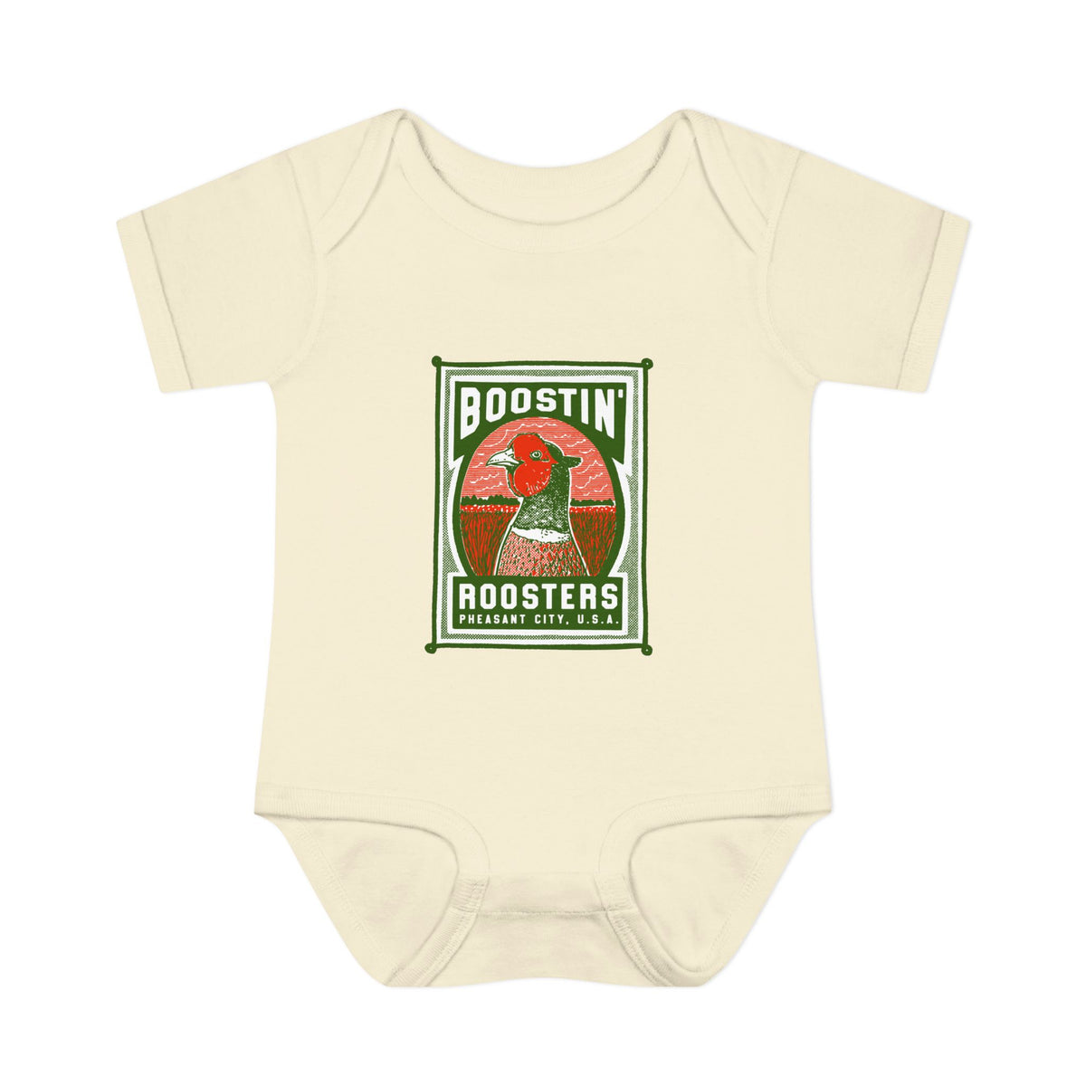 A cream-colored short-sleeve baby bodysuit featuring a vintage-style graphic print on the chest. The graphic depicts a rooster in a red and orange circular design with green borders and text reading 'BOOSTIN' ROOSTERS' .