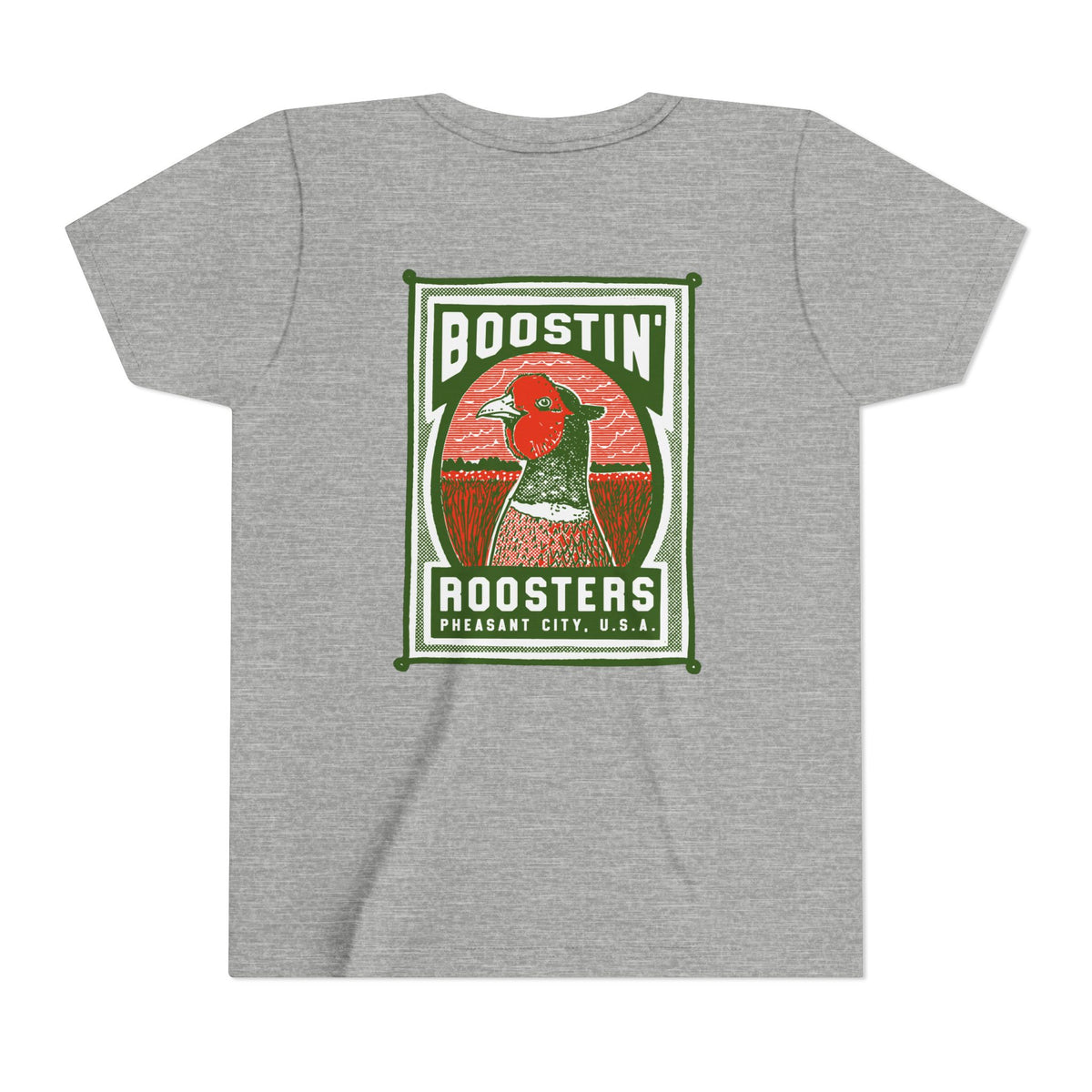 A heather gray short-sleeve t-shirt with a vintage-style graphic featuring a pheasant bird and the text 'BOOSTIN' ROOSTERS' and 'PHEASANT CITY, U.S.A.'