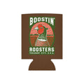 A brown can cooler sleeve featuring a vintage-style graphic of a pheasant with the text 'BOOSTIN' ROOSTERS' and 'PHEASANT CITY, U.S.