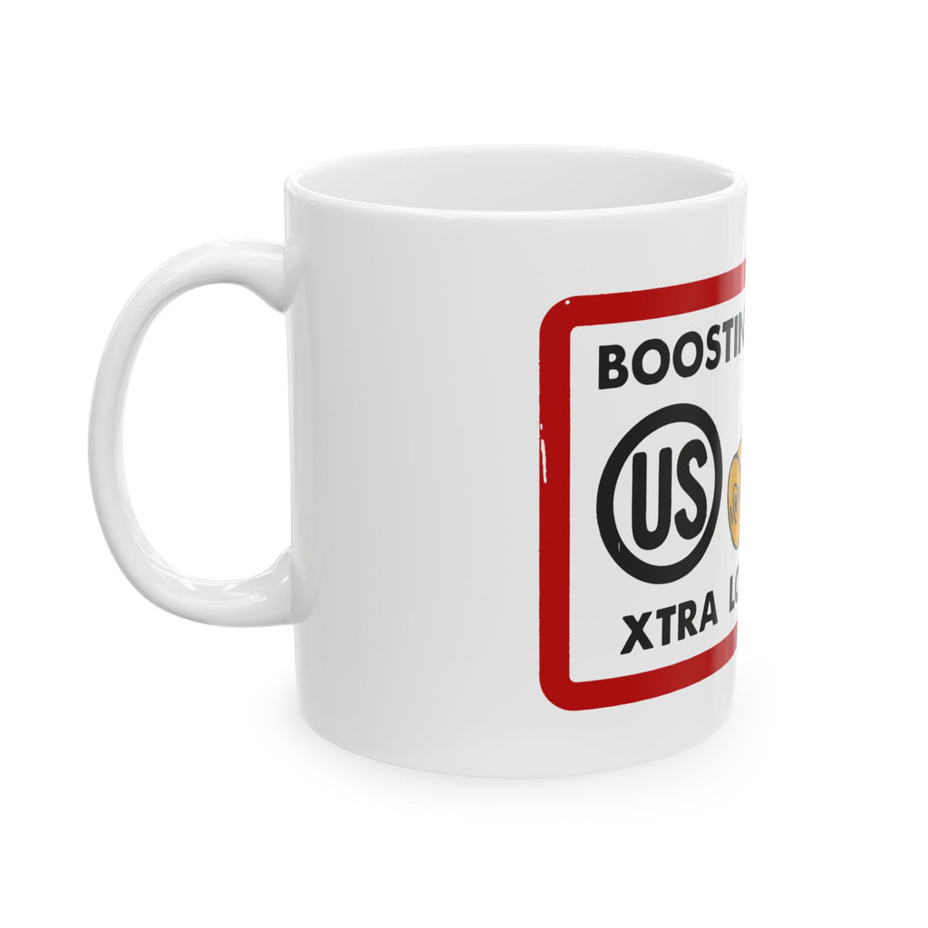 A white ceramic mug featuring a 'Boostin' Roosters Xtra Long-Range' graphci.