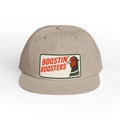 A beige 6-panel baseball cap with a flat brim, featuring a front patch that reads 'BOOSTIN' ROOSTERS' in red text next to a red, black, and white rooster illustration.