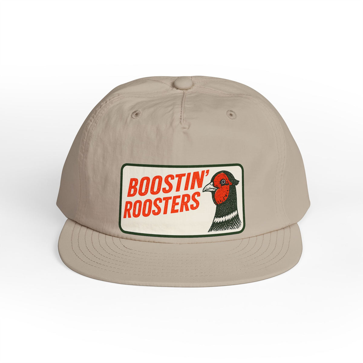 A beige 6-panel baseball cap with a flat brim, featuring a front patch that reads 'BOOSTIN' ROOSTERS' in red text next to a red, black, and white rooster illustration.