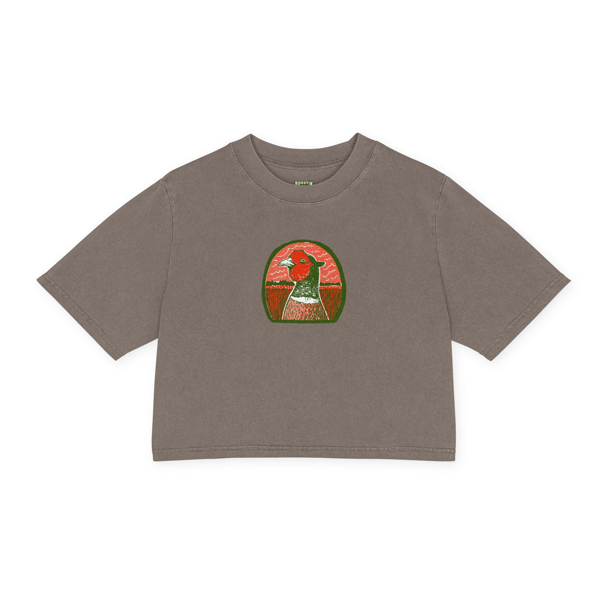 A dark grey short-sleeve crop top t-shirt featuring a central graphic of a pheasant head.