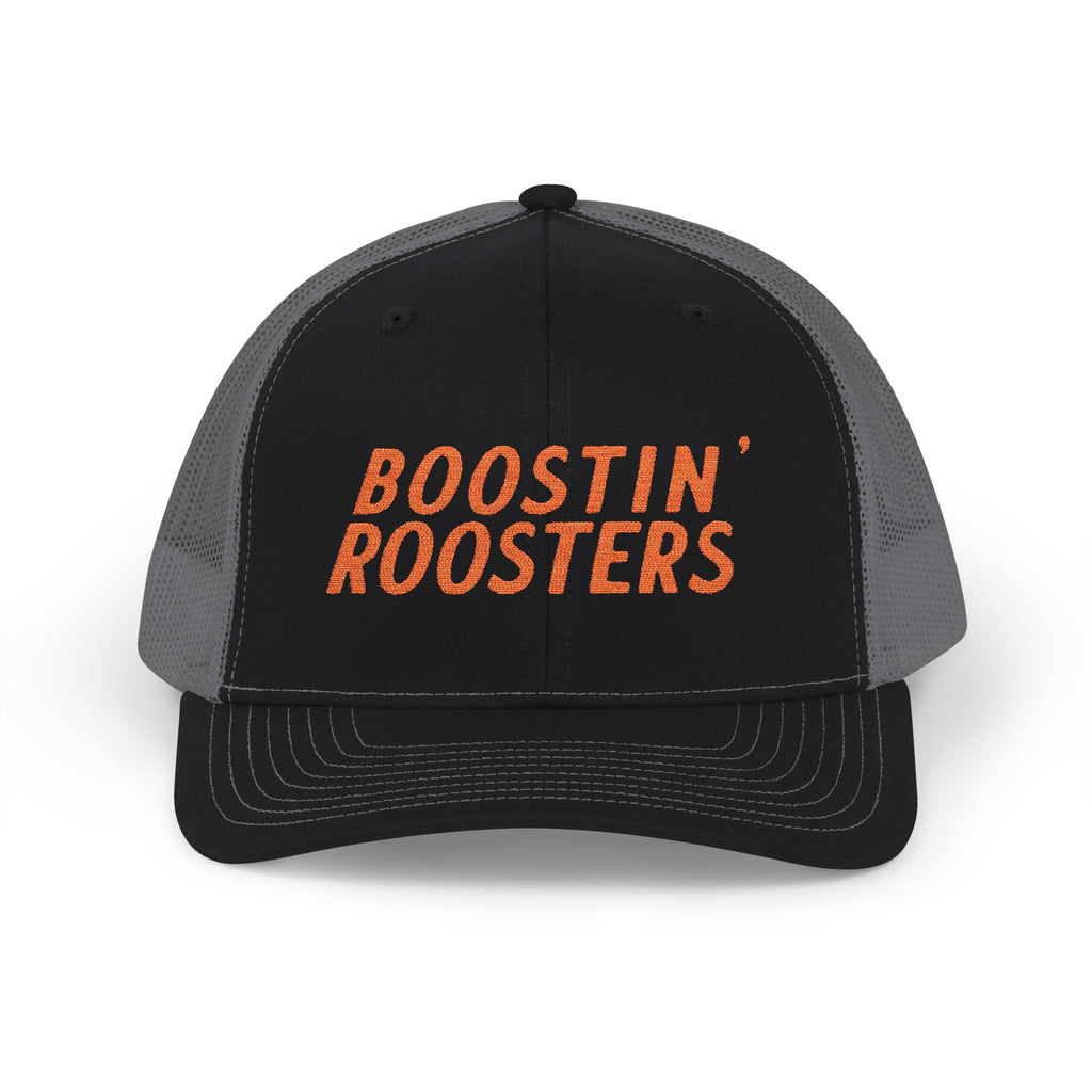 A black/charcoal embroidered hat with orange embroidered text reading 'BOOSTIN' ROOSTERS' on the front panel, shown against a plain white background.