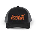 A black/charcoal embroidered hat with orange embroidered text reading 'BOOSTIN' ROOSTERS' on the front panel, shown against a plain white background.