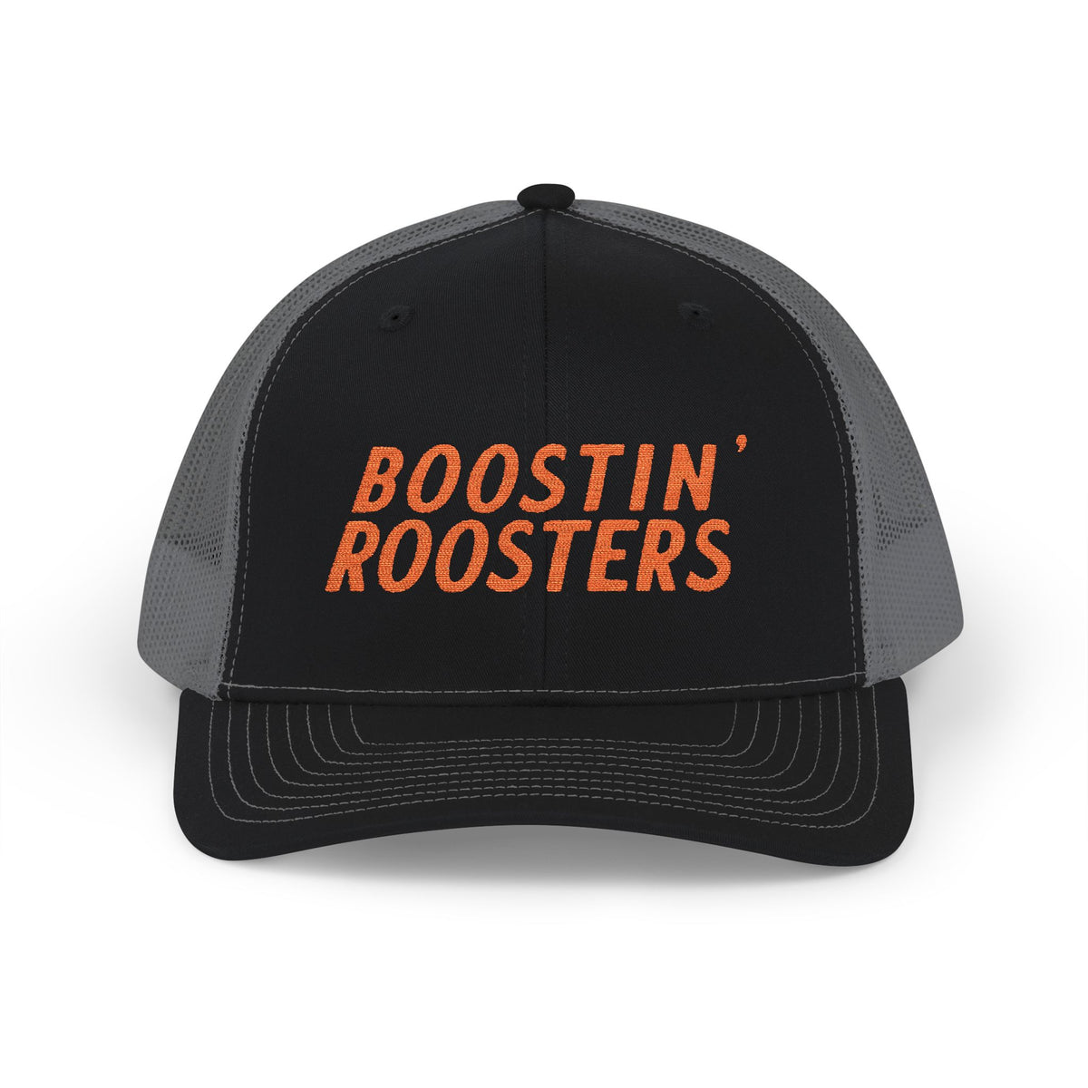 A black/charcoal embroidered hat with orange embroidered text reading 'BOOSTIN' ROOSTERS' on the front panel, shown against a plain white background.