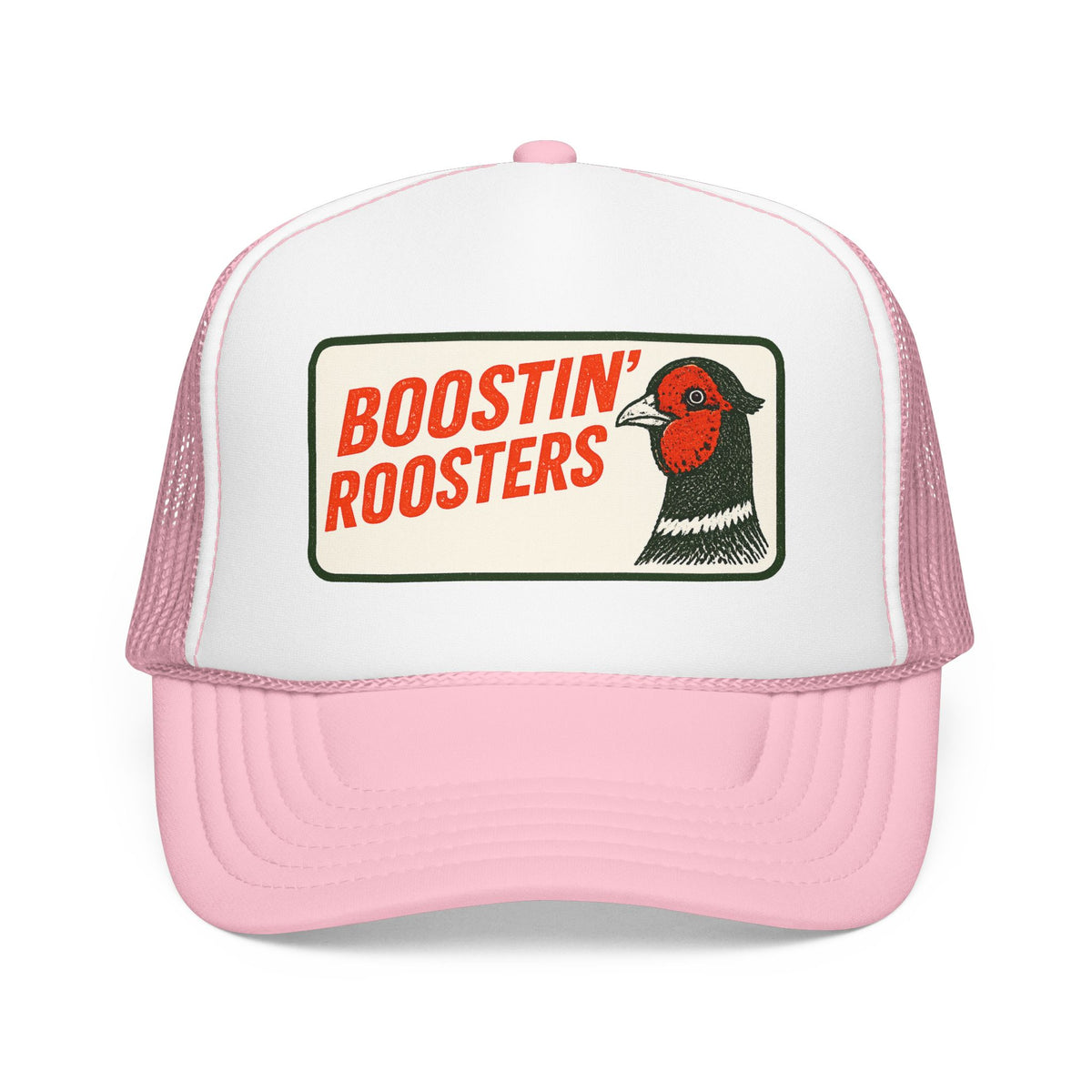 A pink and white trucker hat featuring a front patch with the text 'BOOSTIN' ROOSTERS' in red and an illustration of a rooster.