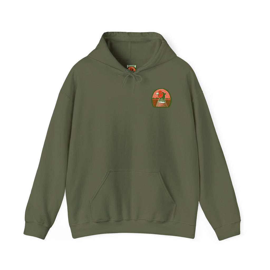 Green hoodie with a pheassant head logo on the left chest.