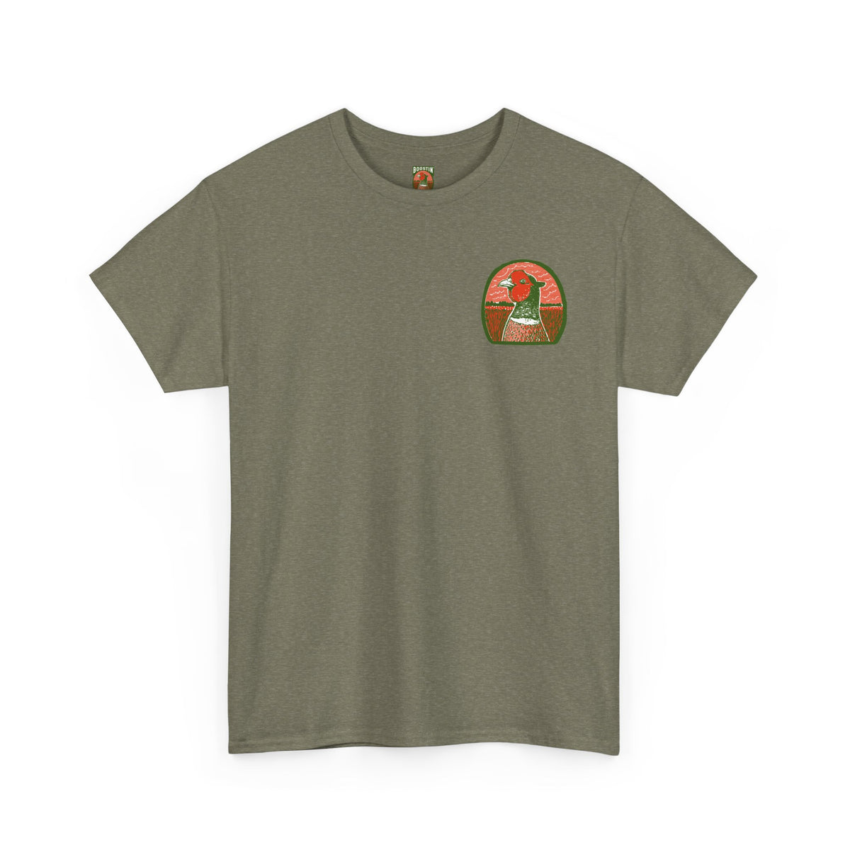 Green t-shirt with a pheasant head logo on the left chest against a white 