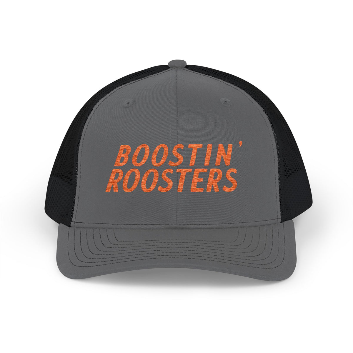 A charcoal/black embroidered hat with orange embroidered text reading 'BOOSTIN' ROOSTERS' on the front panel, shown against a plain white background.