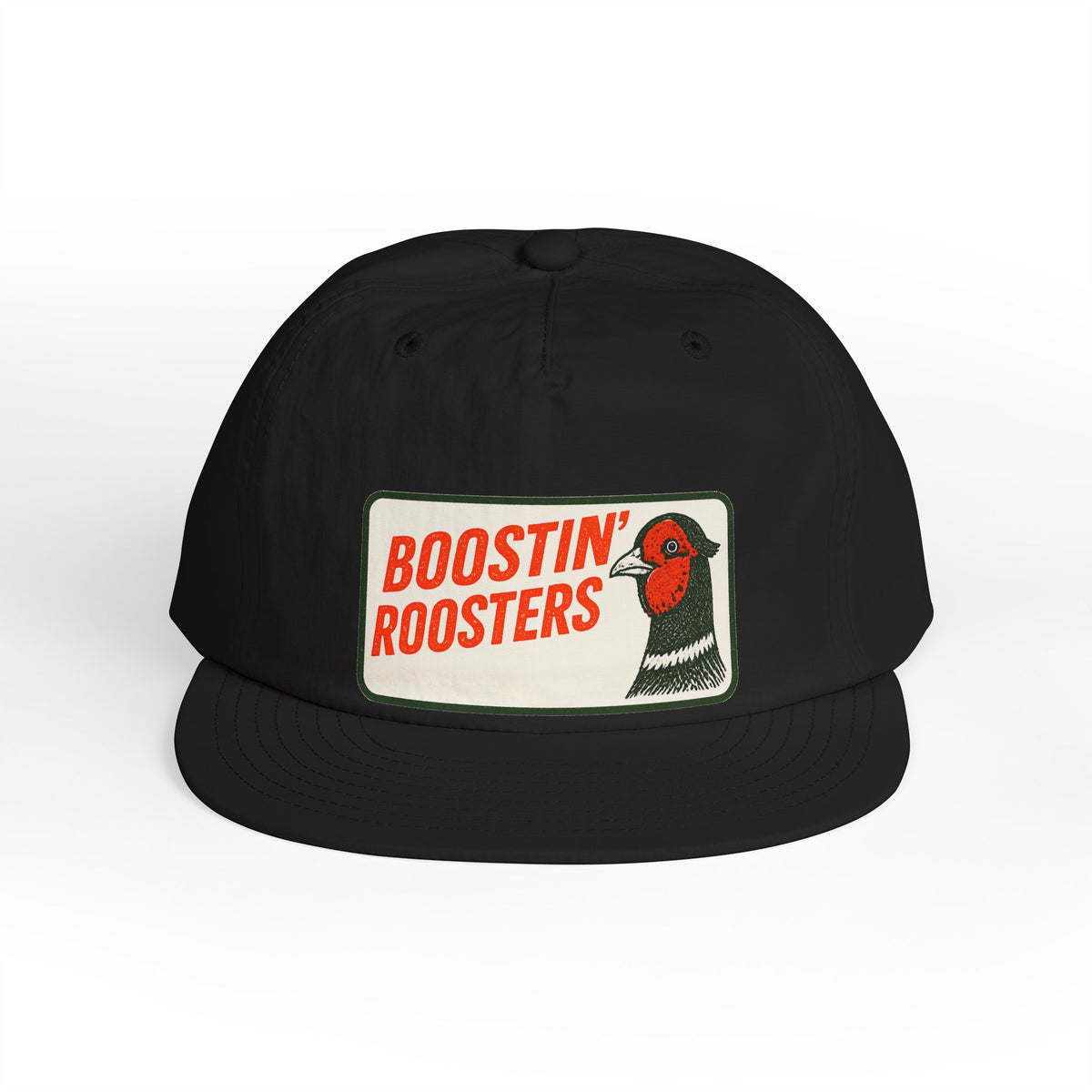 A black flat-brim baseball cap featuring a rectangular front patch with the words 'BOOSTIN' ROOSTERS' in red and a rooster illustration.