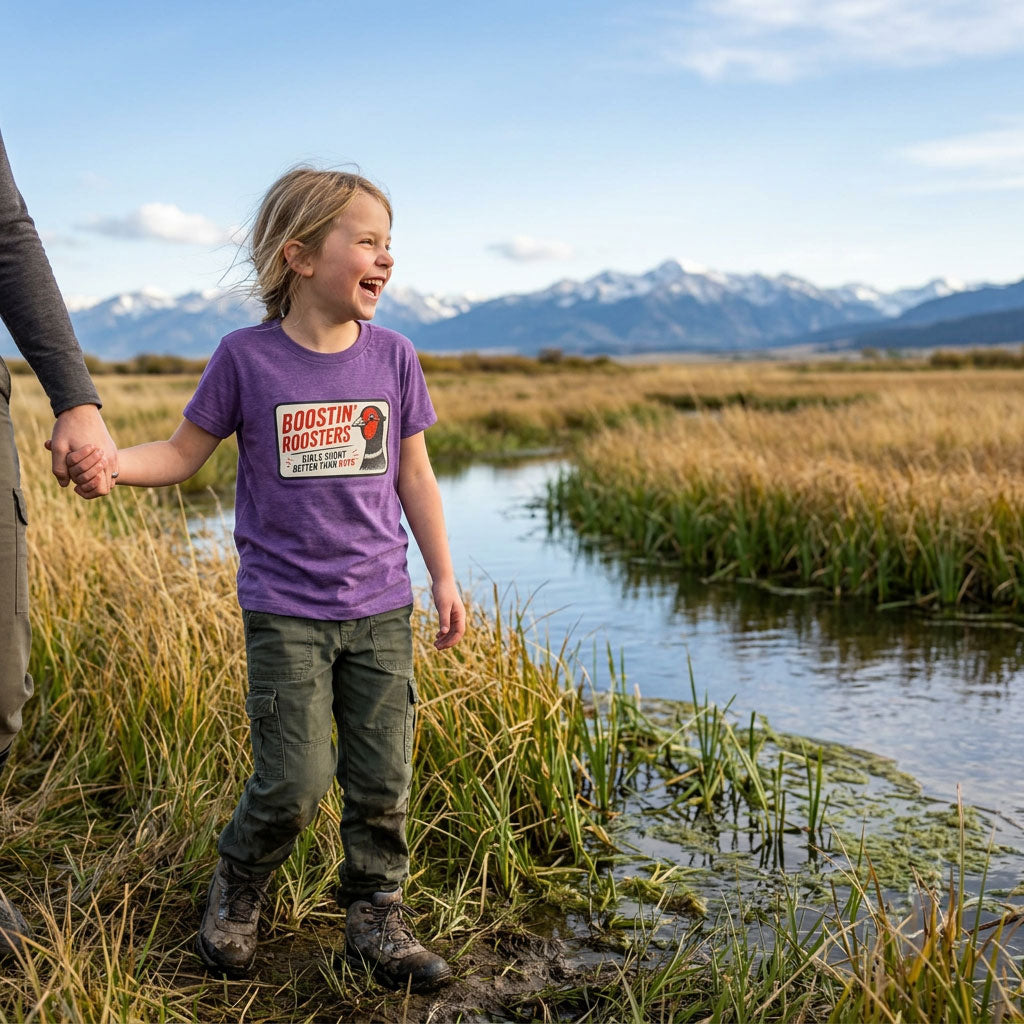 A young girl stands in a marsh holding an adult's hand, wearing a purple graphic T-shirt that reads 'BOOSTIN' ROOSTERS' with a rooster illustration. Snow-capped mountains and a blue sky are visible in the background.